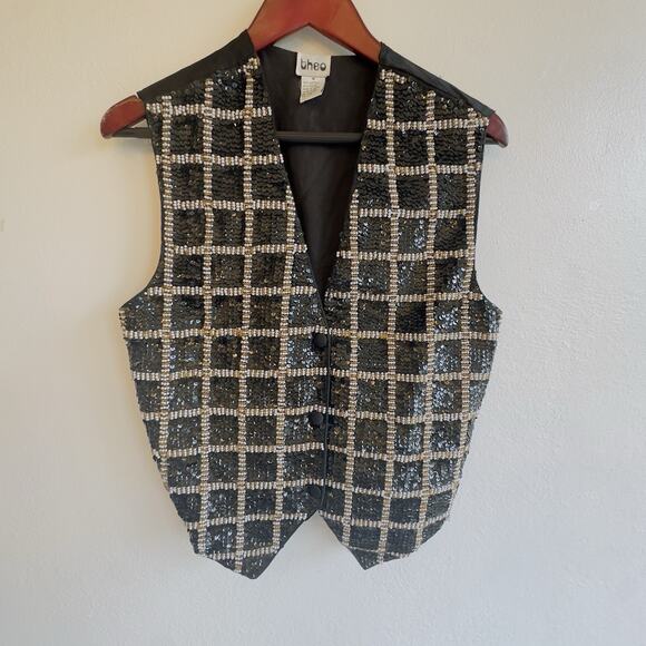 Vintage Theo Black Gold Sequin Beaded Vest Women’s M Holiday Party Top - Picture 3 of 9